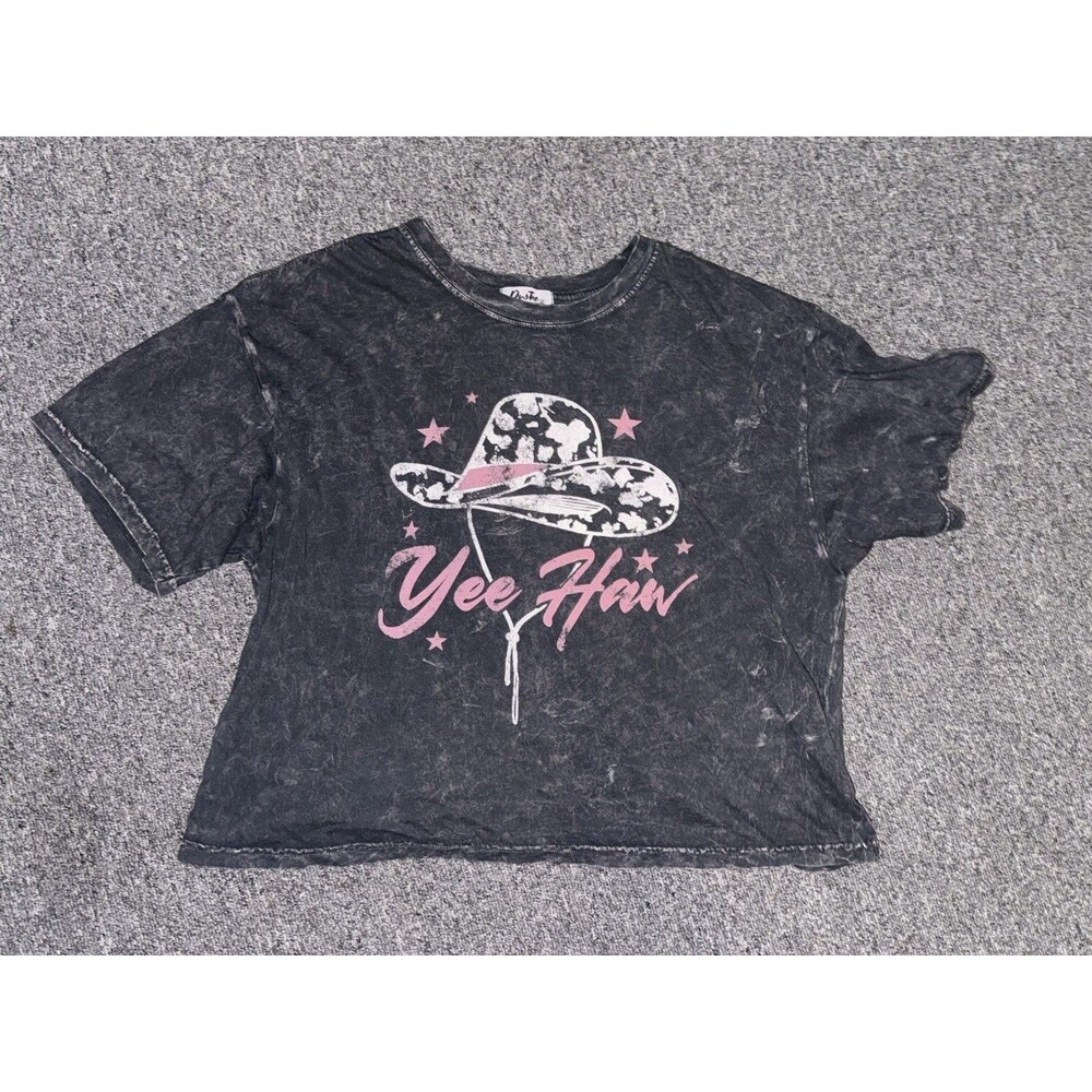 Yee Haw Cowgirl Mineral Black And Pink Long Crop Top T-shirt Medium